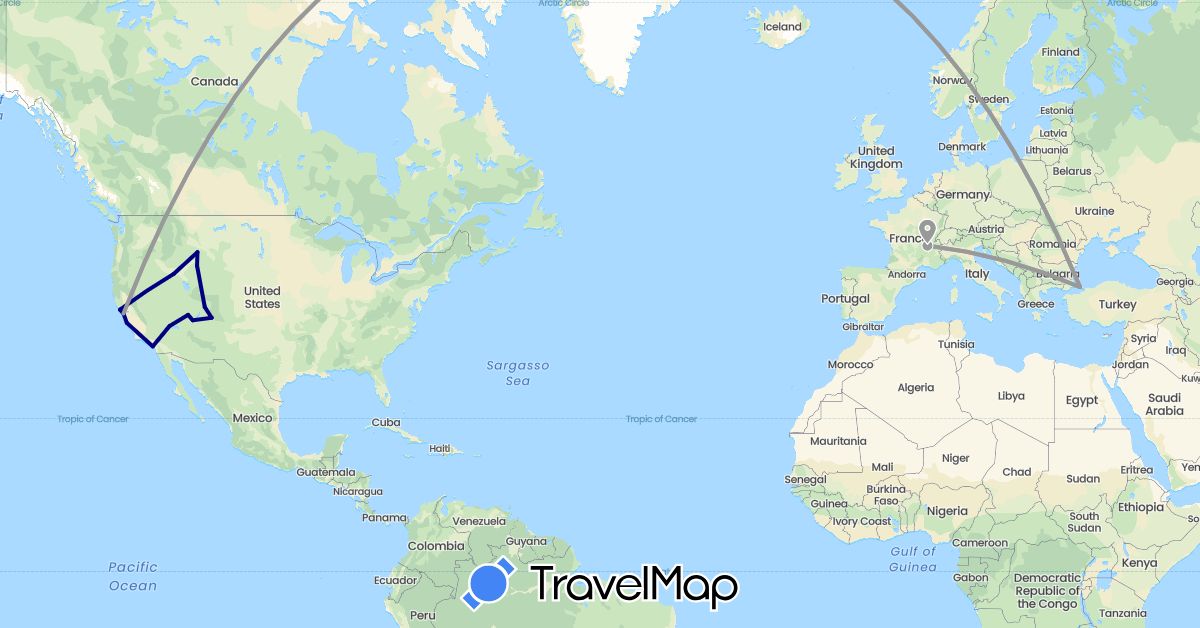 TravelMap itinerary: driving, plane in France, Turkey, United States (Asia, Europe, North America)